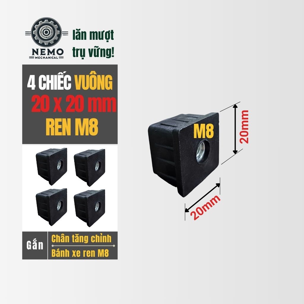 Nắp Chụp Thép Hộp Có Ren – Giải Pháp Lắp Chân Tăng Chỉnh & Bánh Xe Không Cần Hàn (M6, M8, M10)